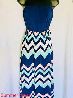 Strapless Chevron Maxi Dress in Navy, Mint & Pink